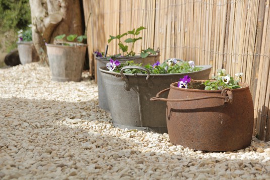 Salvaged planters at the cottage
